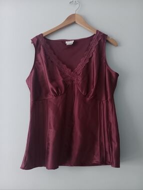 George Wine Satin Lace Trim Tank Top Sleeveless Flowy Camisole Burgundy XL